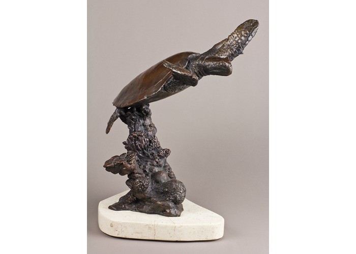 Green Swimming Sea Turtle Bronze Sculpture