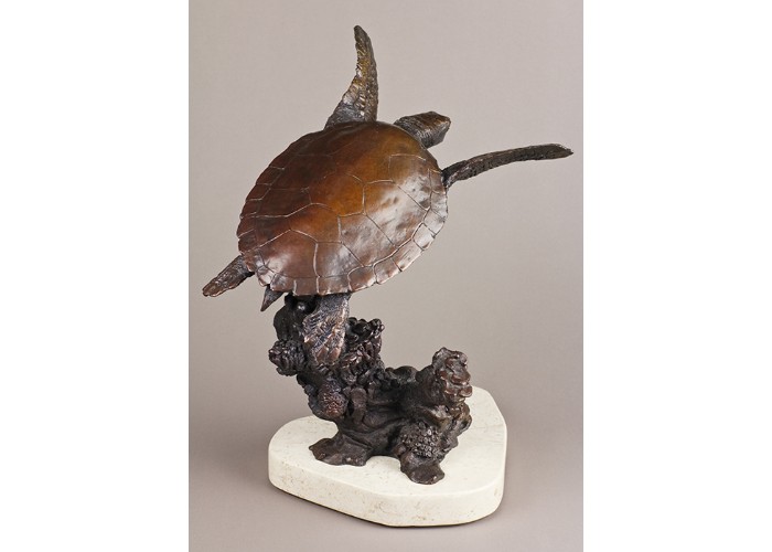 Green Swimming Sea Turtle Bronze Sculpture with limestone base