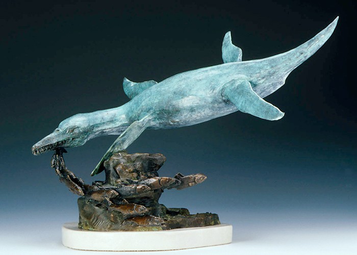 Paleontology Plesiosaur cast bronze on limestone base sculpture