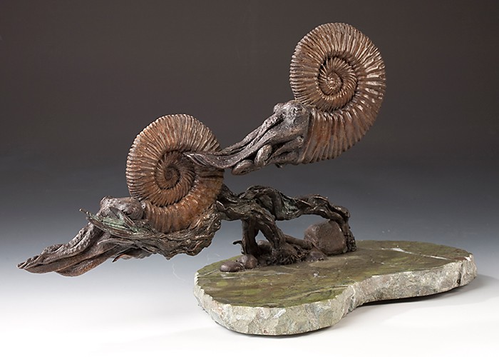 Mesozoi Ammonites cast bronze on green marble base