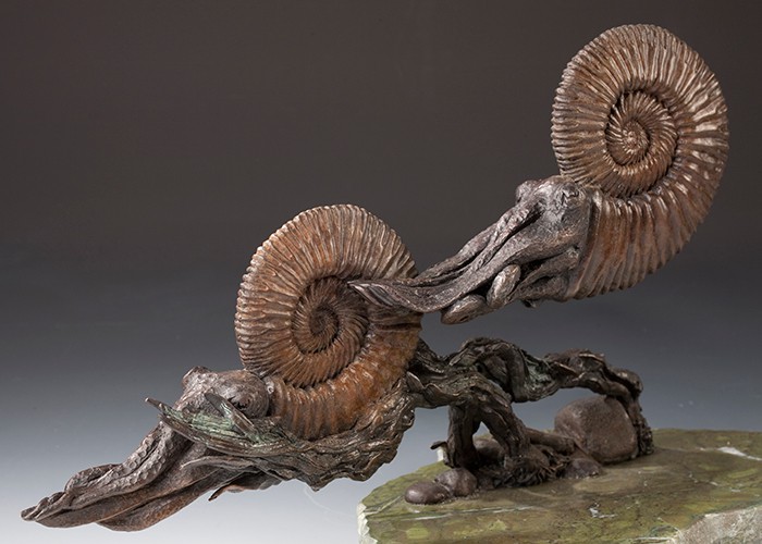 Mesozoic Ammonites bronze  sculpture art on green base