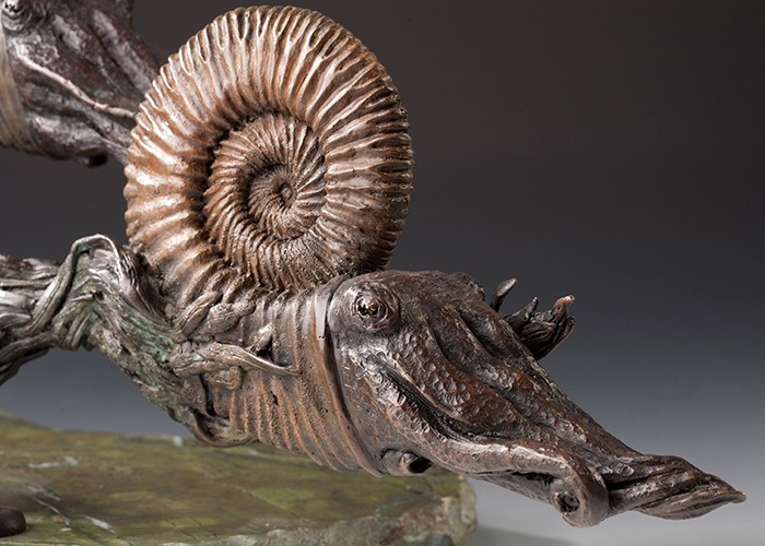 Mesozoic Ammonites cast bronze sculpture on green marble base
