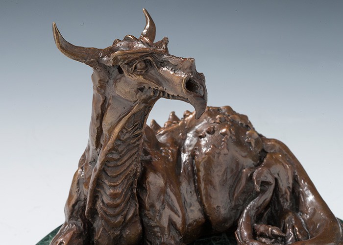 Resting Dragon Cast Bronze Sculpture on stone base